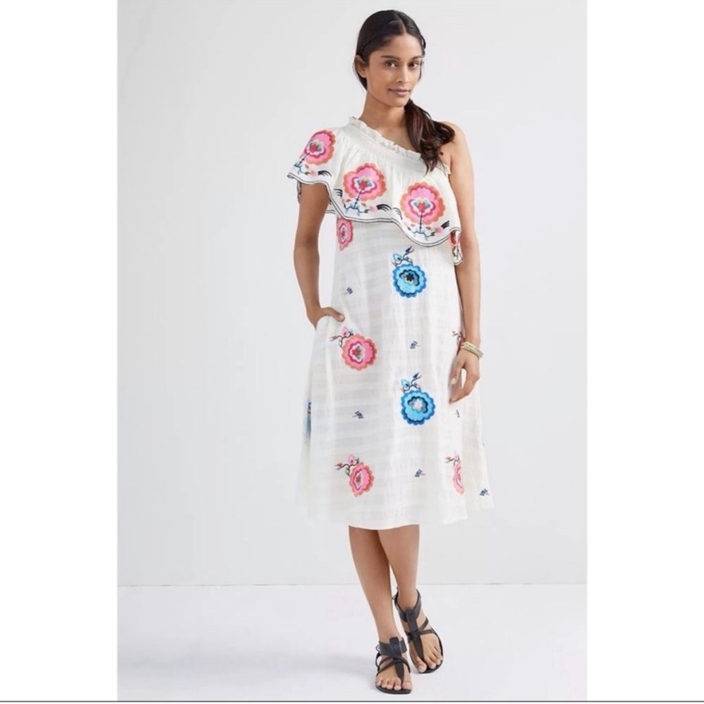 Anthropologie Floral Embroidered Off-White Dress